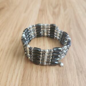 Magnetic‎ Black Hematite Style & Faux Pearl 4 Strand Wrap Necklace Bracelet 34in